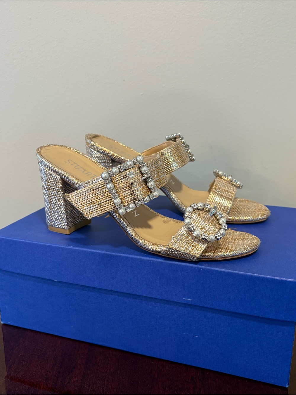Stuart Weitzman Gold Embellished Block-Heel Sandals with Pearl Buckles